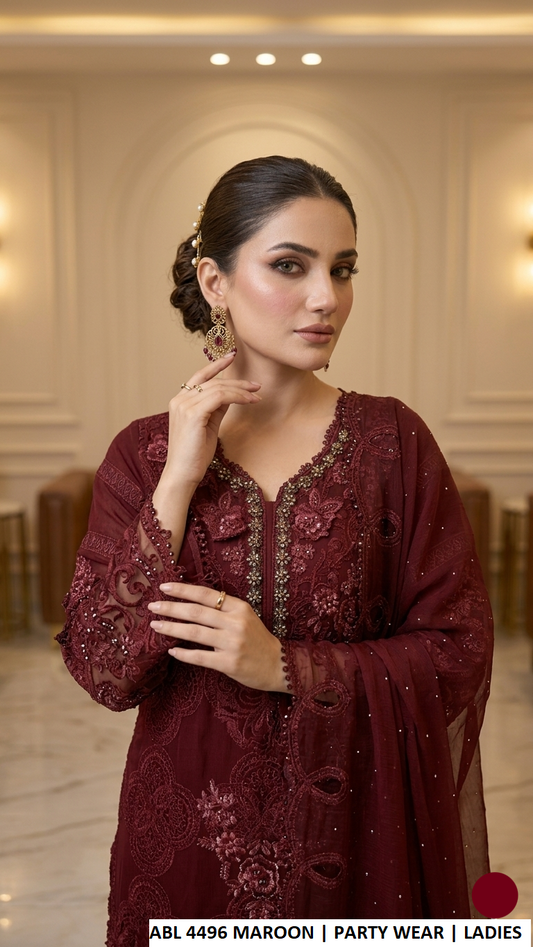 ABL 4496 MAROON - Maroon Chiffon 3-Piece Women's Pakistani Suit with Trousers