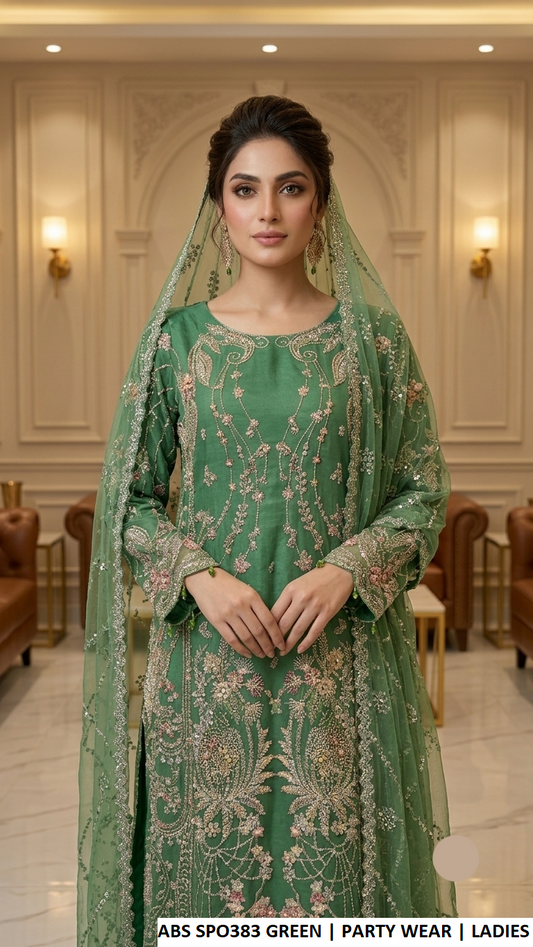 ABS SPO383 GREEN - Green Organza A-Line 3-Piece Women's Pakistani Plazo Suit