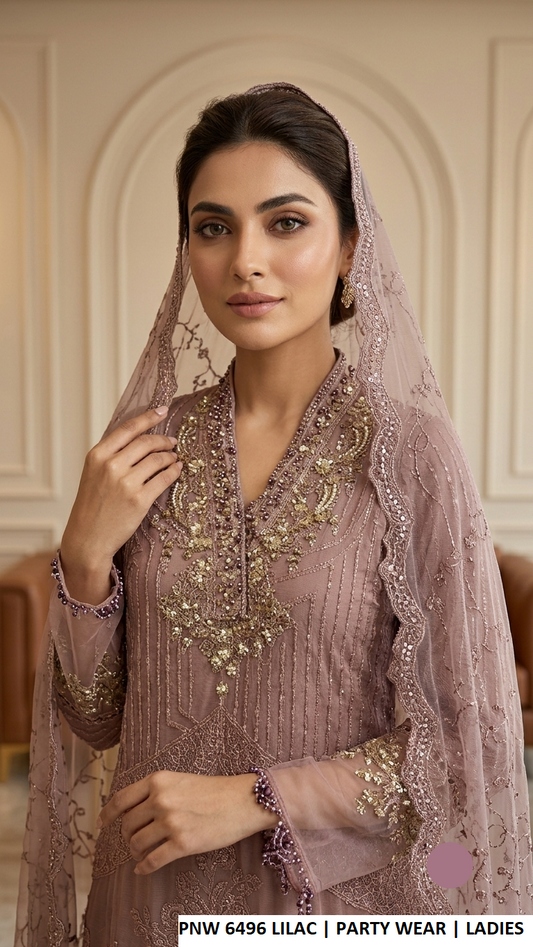 PNW 6496 LILAC - Lilac Chiffon Straight 3-Piece Women's Pakistani Plazo Suit