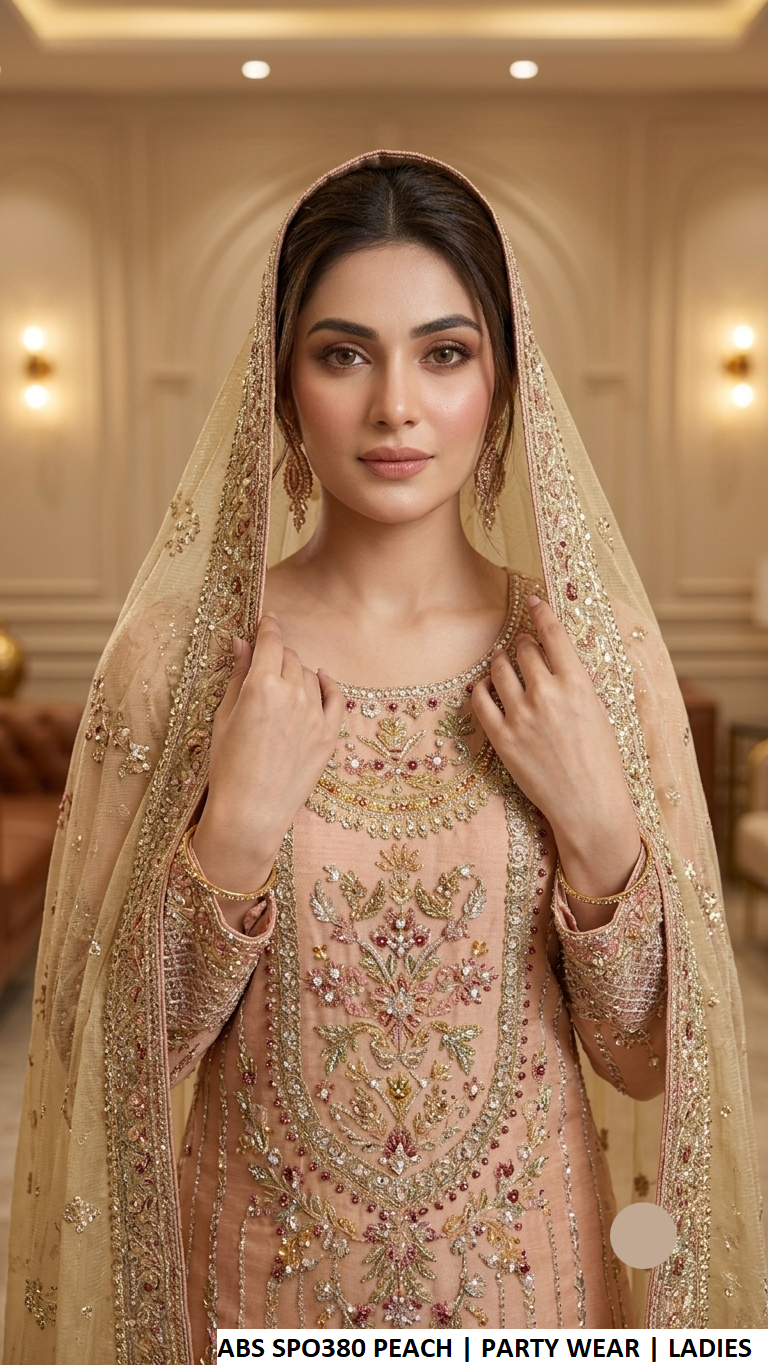 ABS SPO380 PEACH - Peach Organza 3-Piece Women's Pakistani Plazo Suit