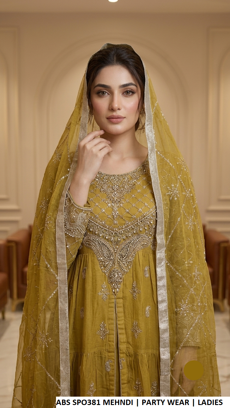 ABS SPO381 MEHNDI - Mehndi Chiffon Open Frock 3-Piece Women's Pakistani Suit