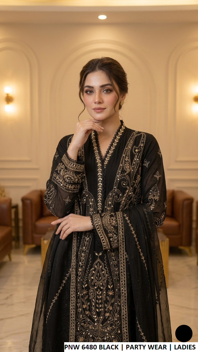 PNW 6480 BLACK - Black Chiffon Straight 3-Piece Women's Pakistani Plazo Suit