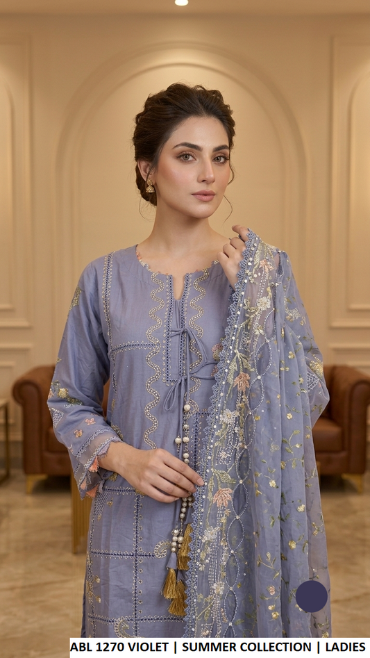 ABL 1270 VIOLET - Violet Cotton Straight 3-Piece Women's Pakistani Suit