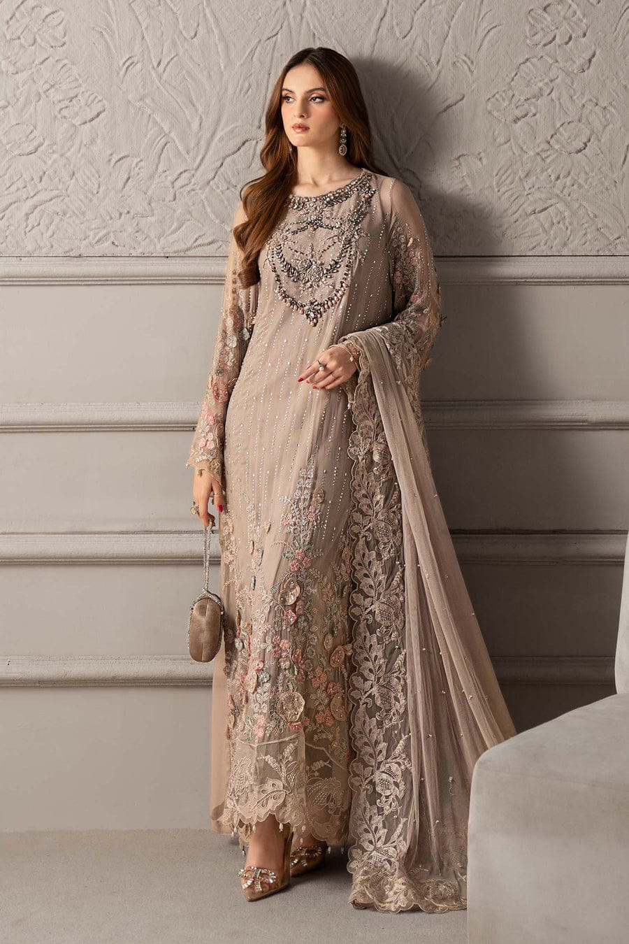 Pakistani women's skin organza A-Line shirt full view