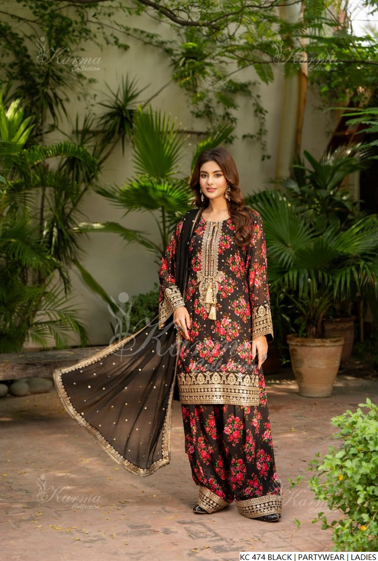 Silk long kaftan black - Pakistani women's luxury formal wear with silk dupatta front view