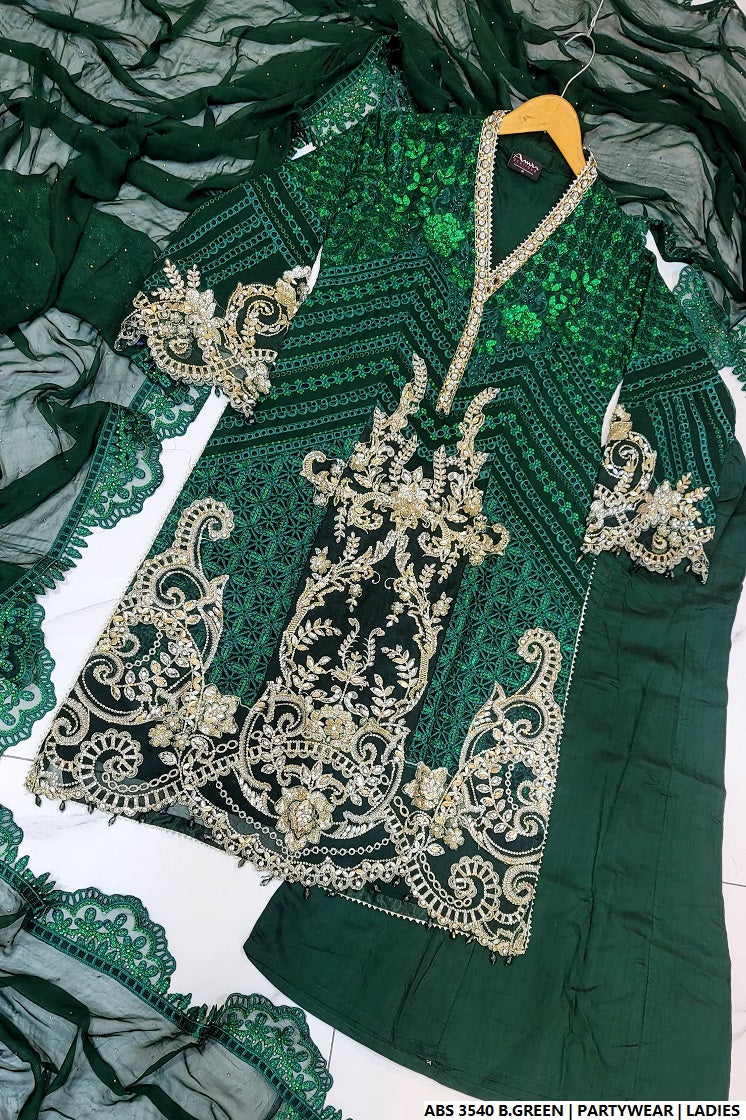 Pakistani women's bottle green organza straight shirt back view