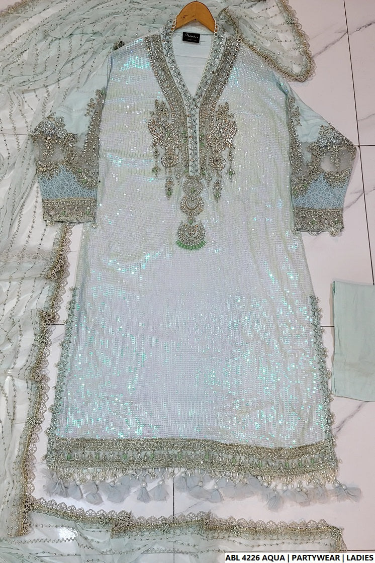 Pakistani women's aqua organza A-Line shirt back view
