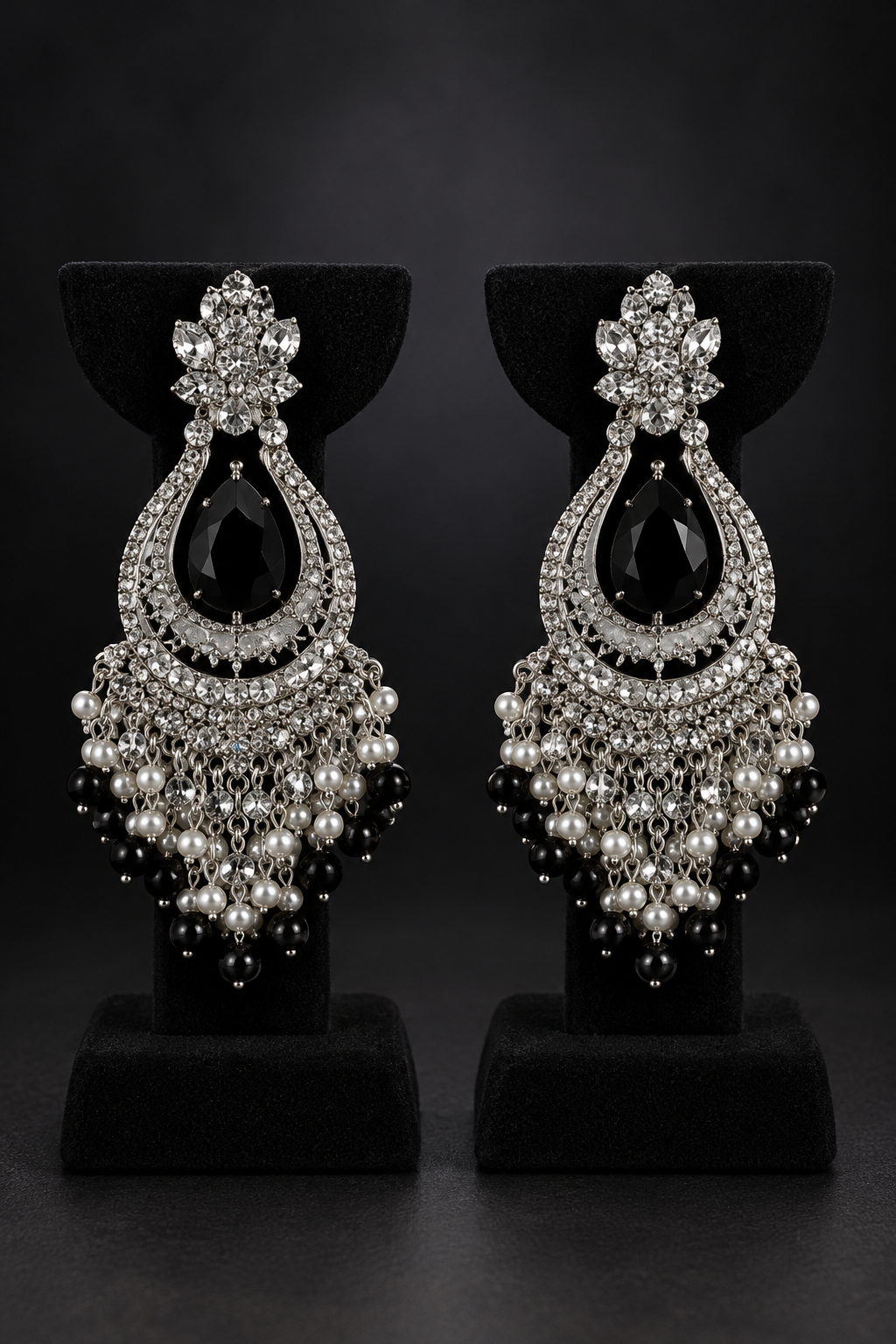 JW50 – Black & Silver-Tone Pearl Fringe Chandelier Earrings