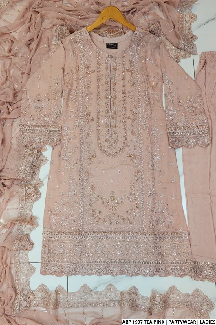 Pakistani women's tea pink silk short shirt detail view