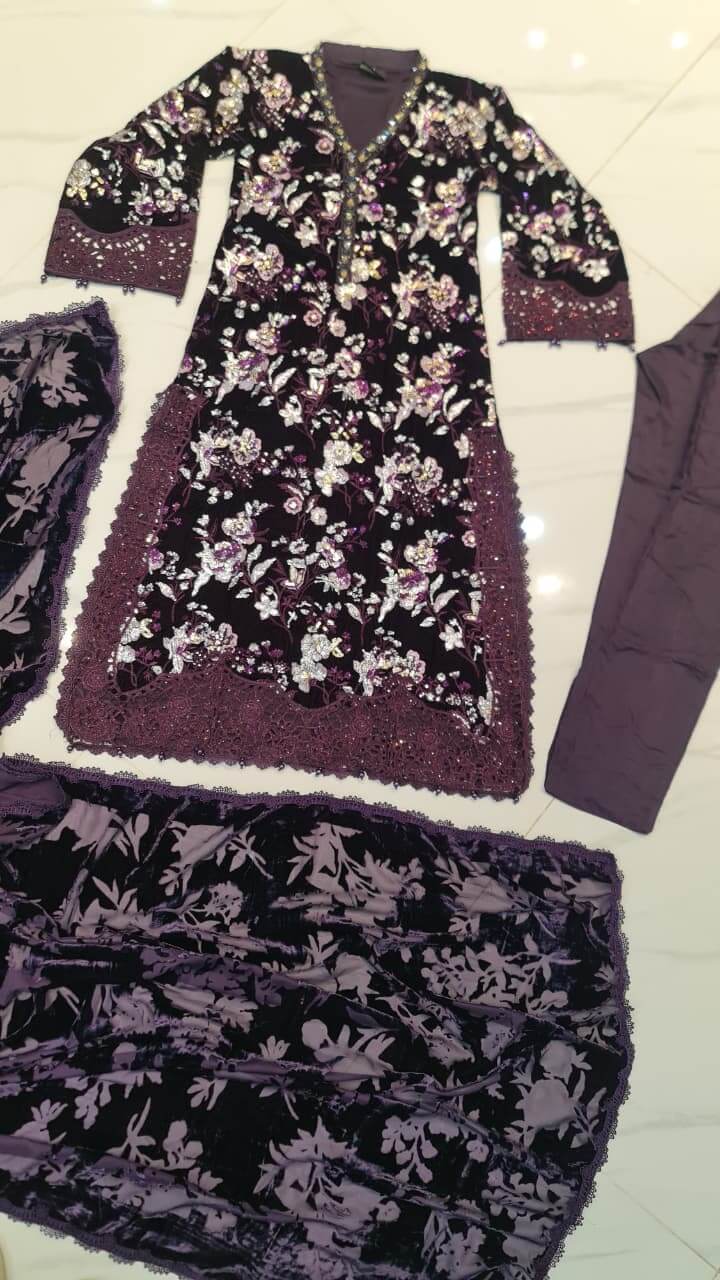Pakistani women's dark purple velvet A-Line shirt back view