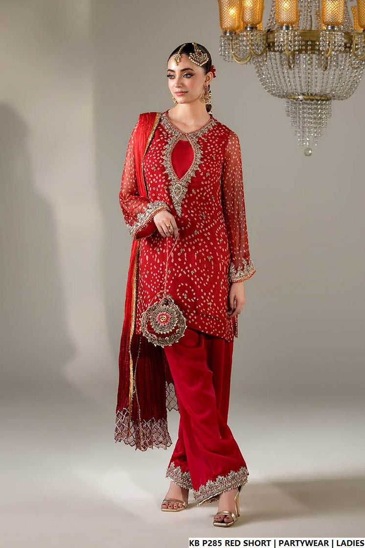 Red hand embroidered Pakistani women's luxury short suit side view