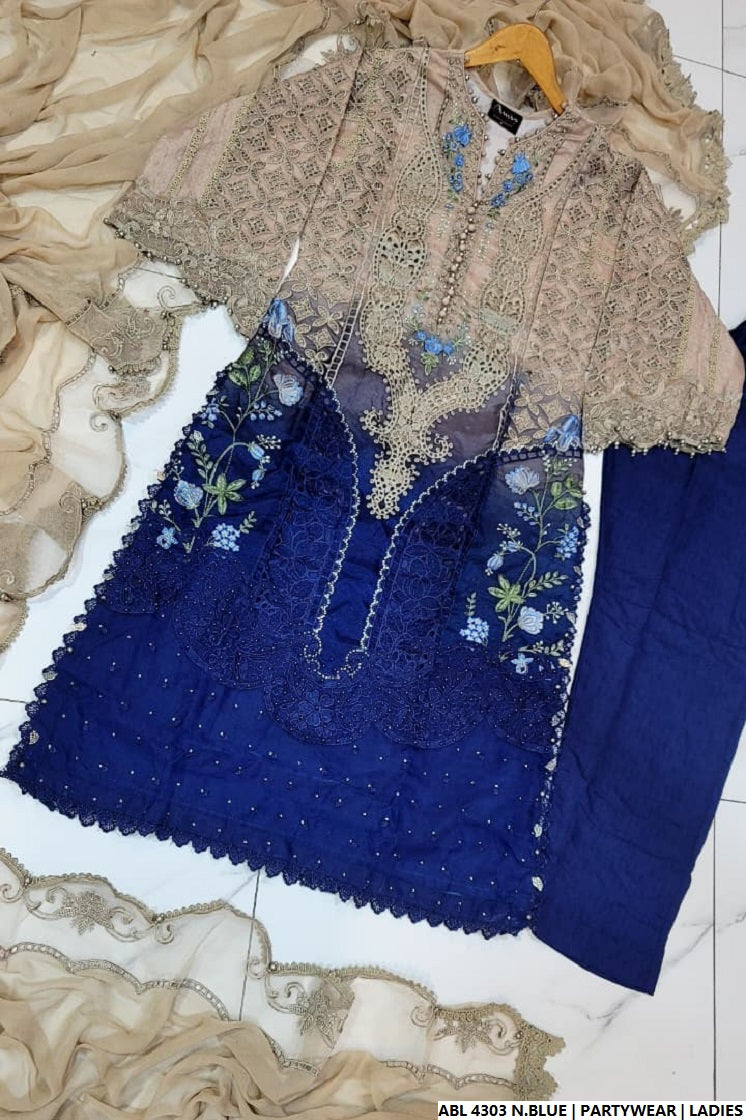 Pakistani women's navy blue organza A-Line shirt full view