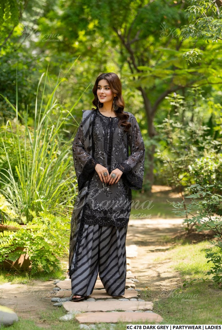 Pakistani women's dark grey silk long kaftan back view