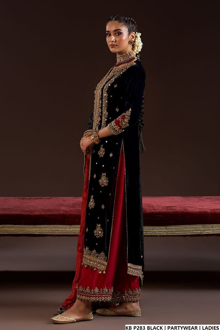 Pakistani women's black velvet hand embroidered luxury suit detail view