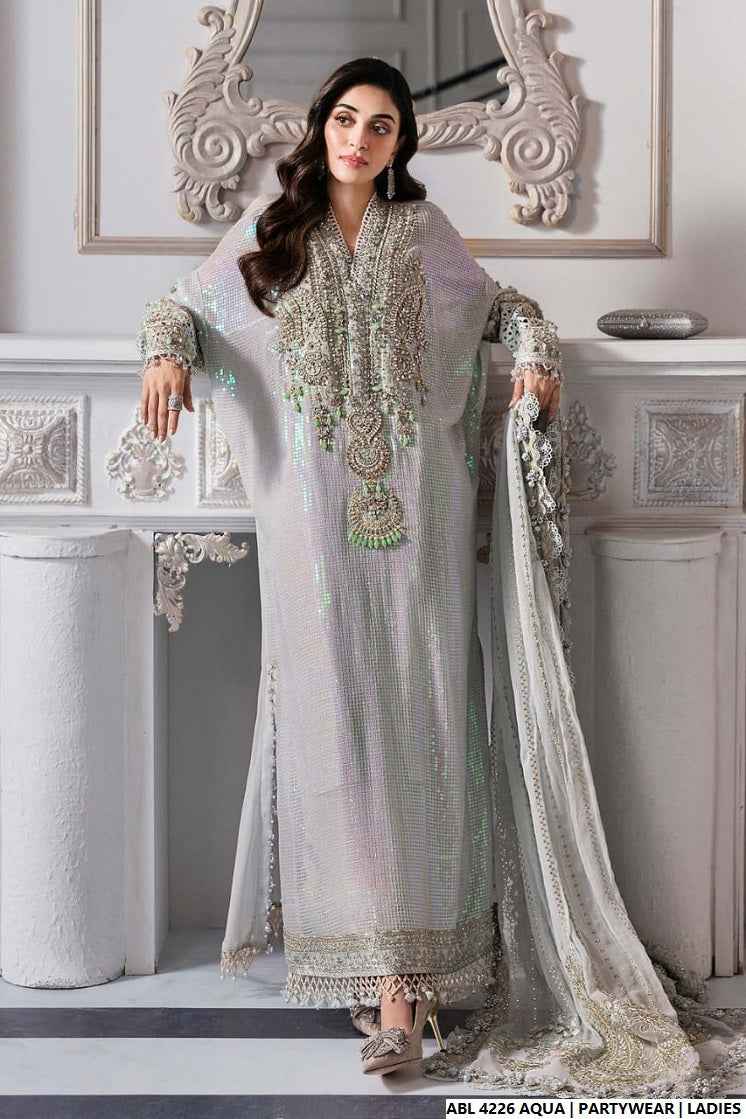 Aqua organza Pakistani women's A-Line shirt side view