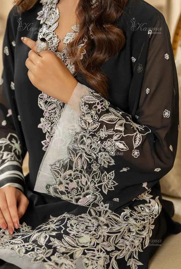 Pakistani women's black silk short shirt farshi shalwar back view