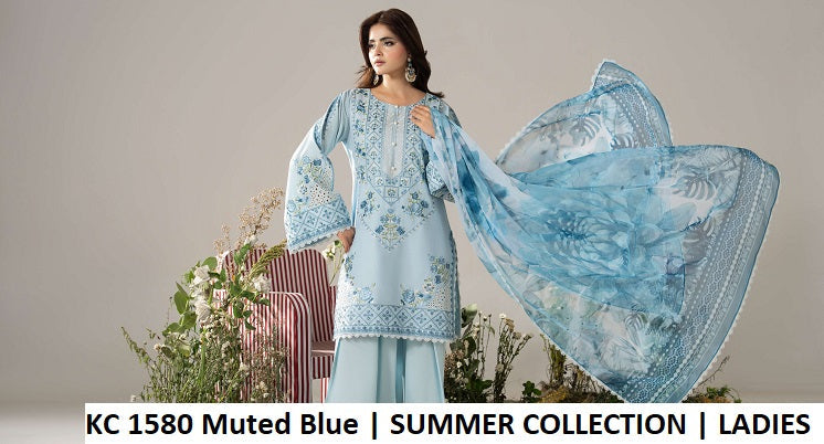 KC AYRA 1580 Muted Blue - Muted Blue Embroidered 3-Piece Women's Pakistani Lawn Suit
