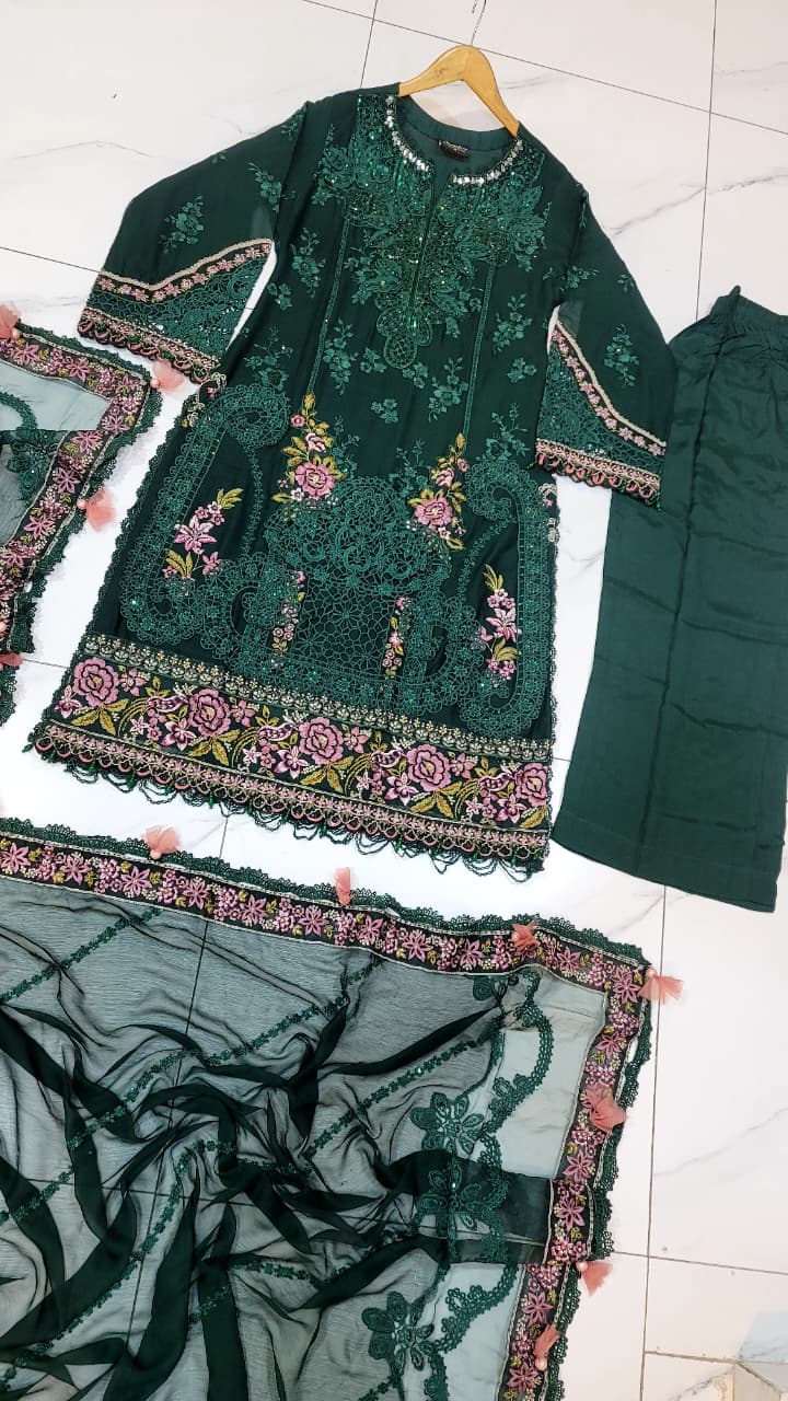Pakistani women's bottle green organza A-Line shirt full view