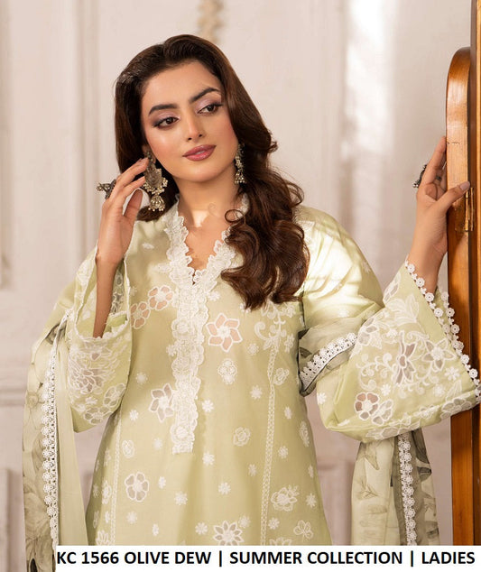 KC TABEER 1566 OLIVE DEW cotton organza cutwork Pakistani women's high neck shirt side view