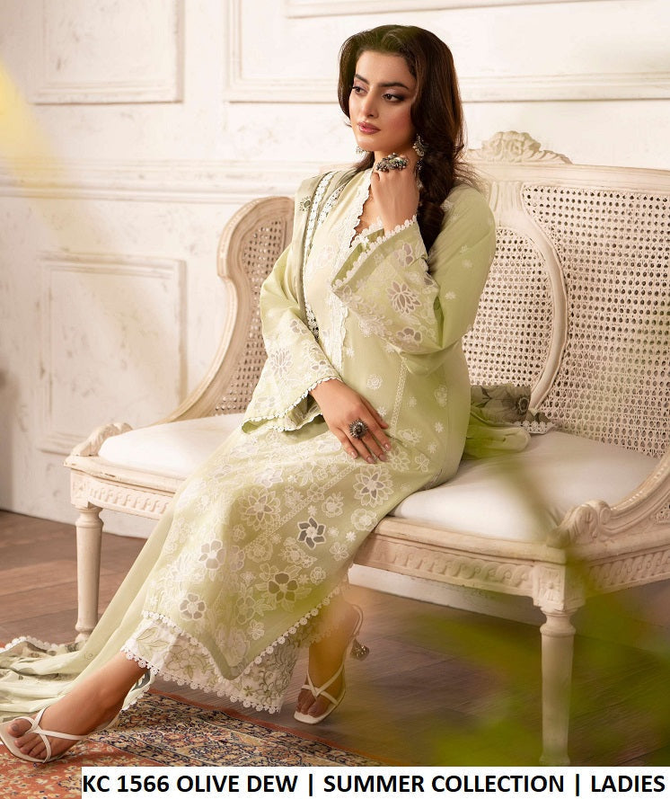 KC TABEER 1566 OLIVE DEW Pakistani women's cotton organza 3D flower work shirt detail view