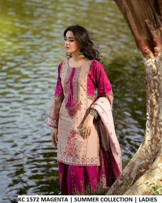 KC Sunehri 1572 DEEP MAGENTA - Deep Magenta Silk Embroidered 3-Piece Women's Pakistani Suit