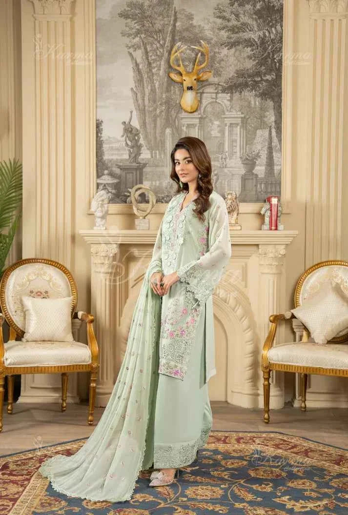 Light green silk Pakistani women's short shirt with farshi shalwar side view