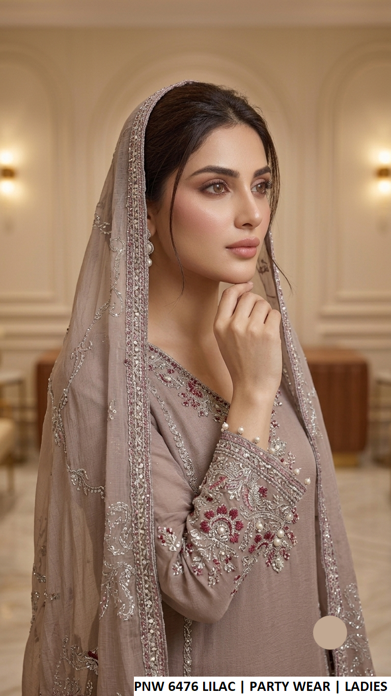 PNW 6476 LILAC - Lilac Chiffon Straight 3-Piece Women's Pakistani Suit with Plazo