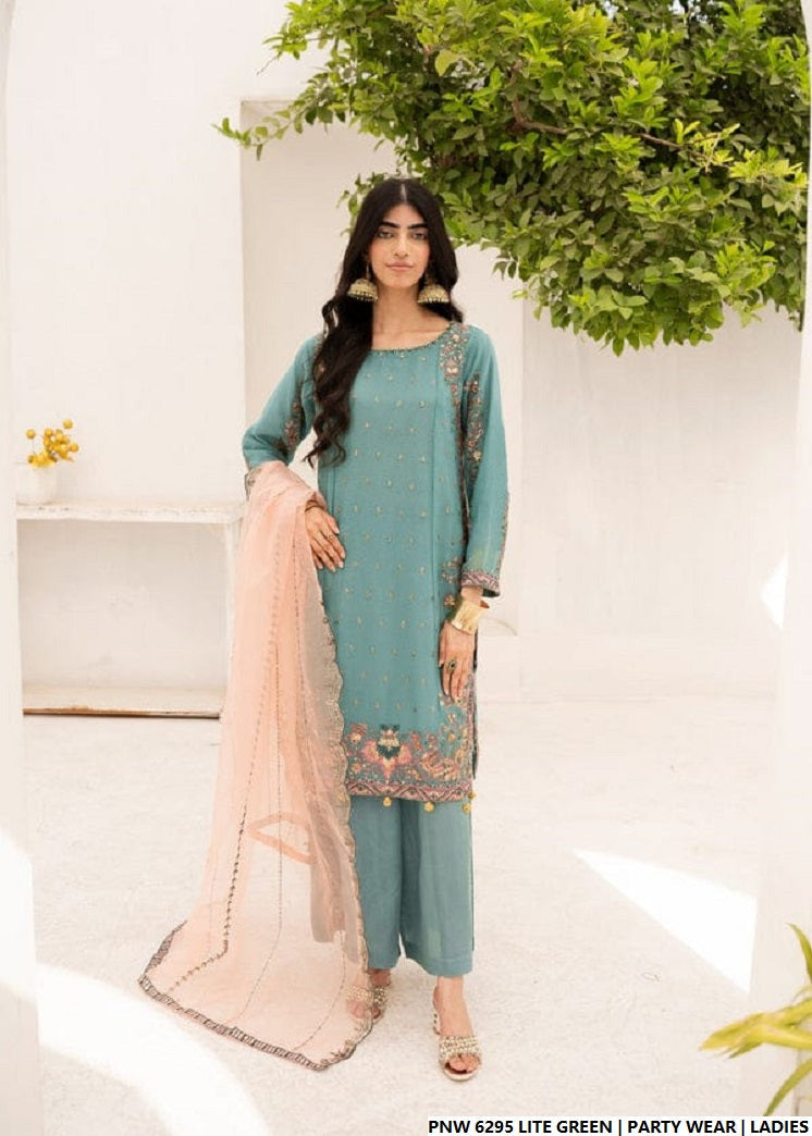 Chiffon straight shirt plazo light green - Pakistani women's party wear with viscose plazo and chiffon dupatta front view