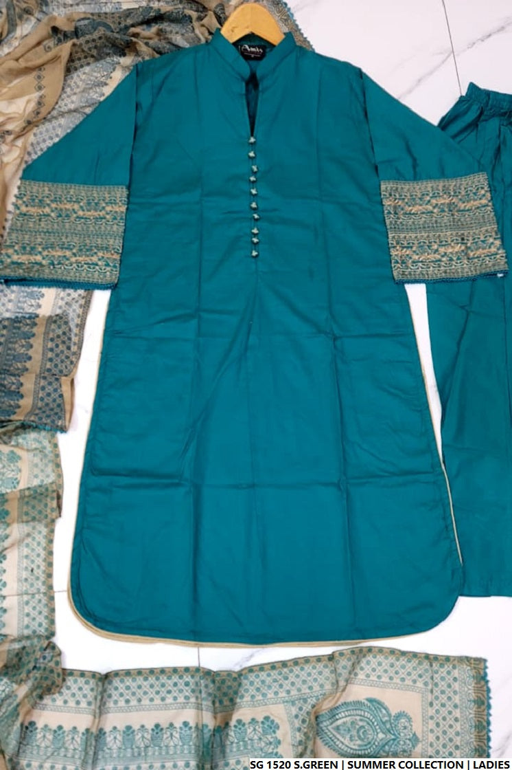Pakistani women's sea green lawn A-Line casual outfit back view