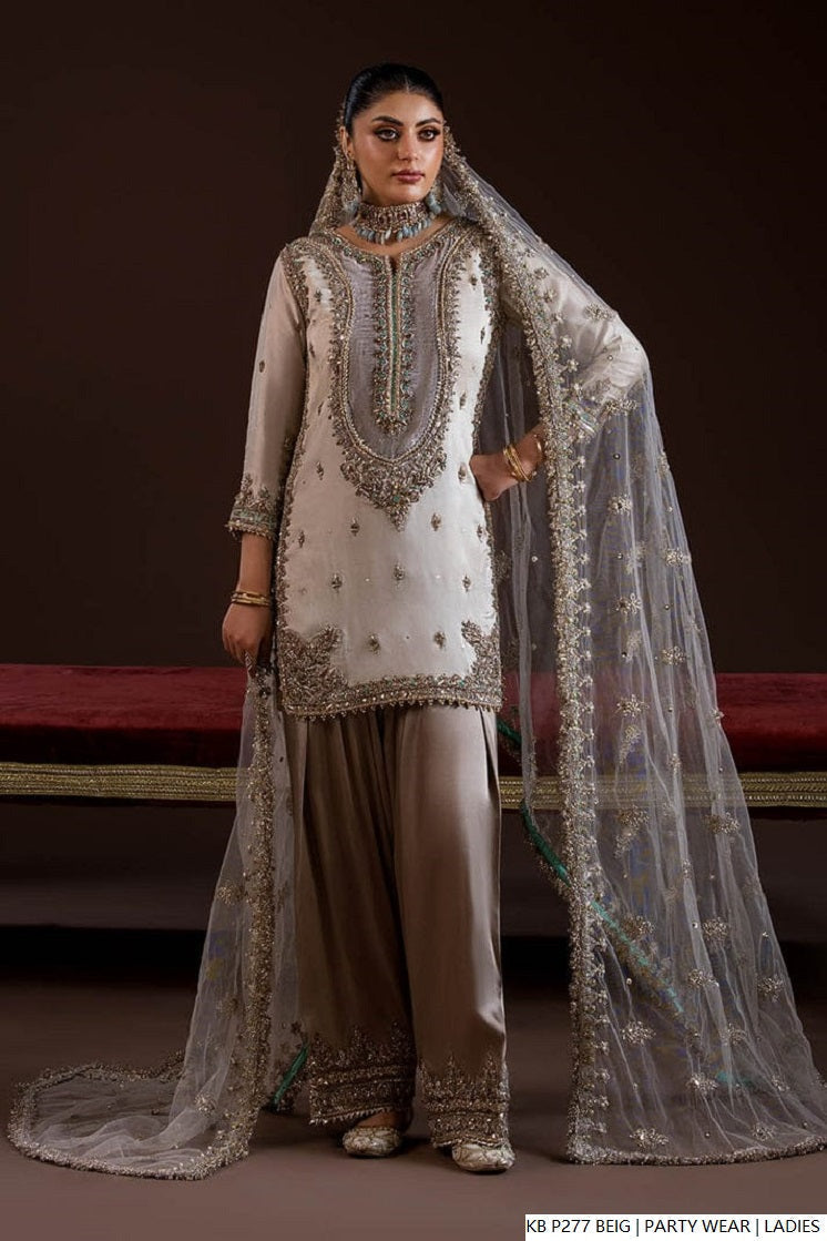 Pakistani women's beige hand embroidered luxury short suit back view