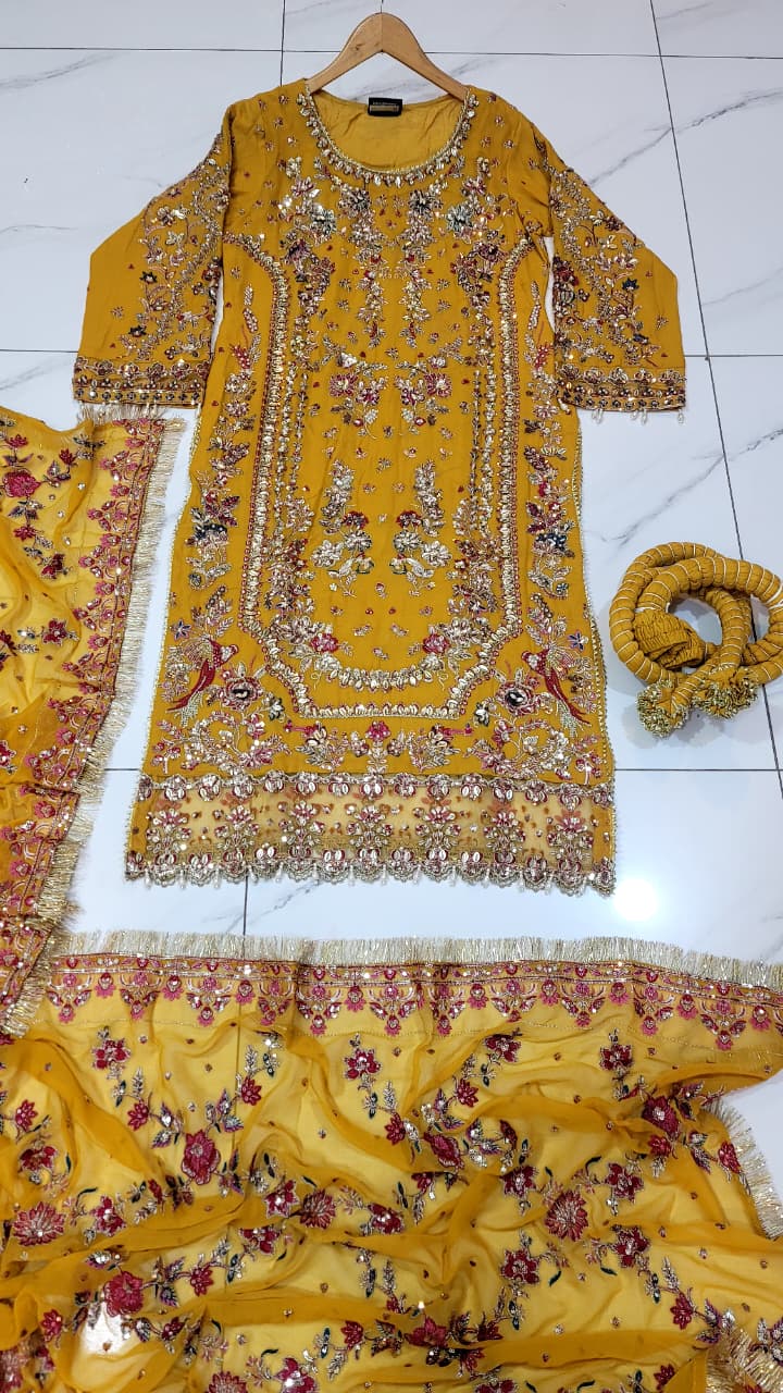 Pakistani women's mustard yellow organza A-Line shirt detail view