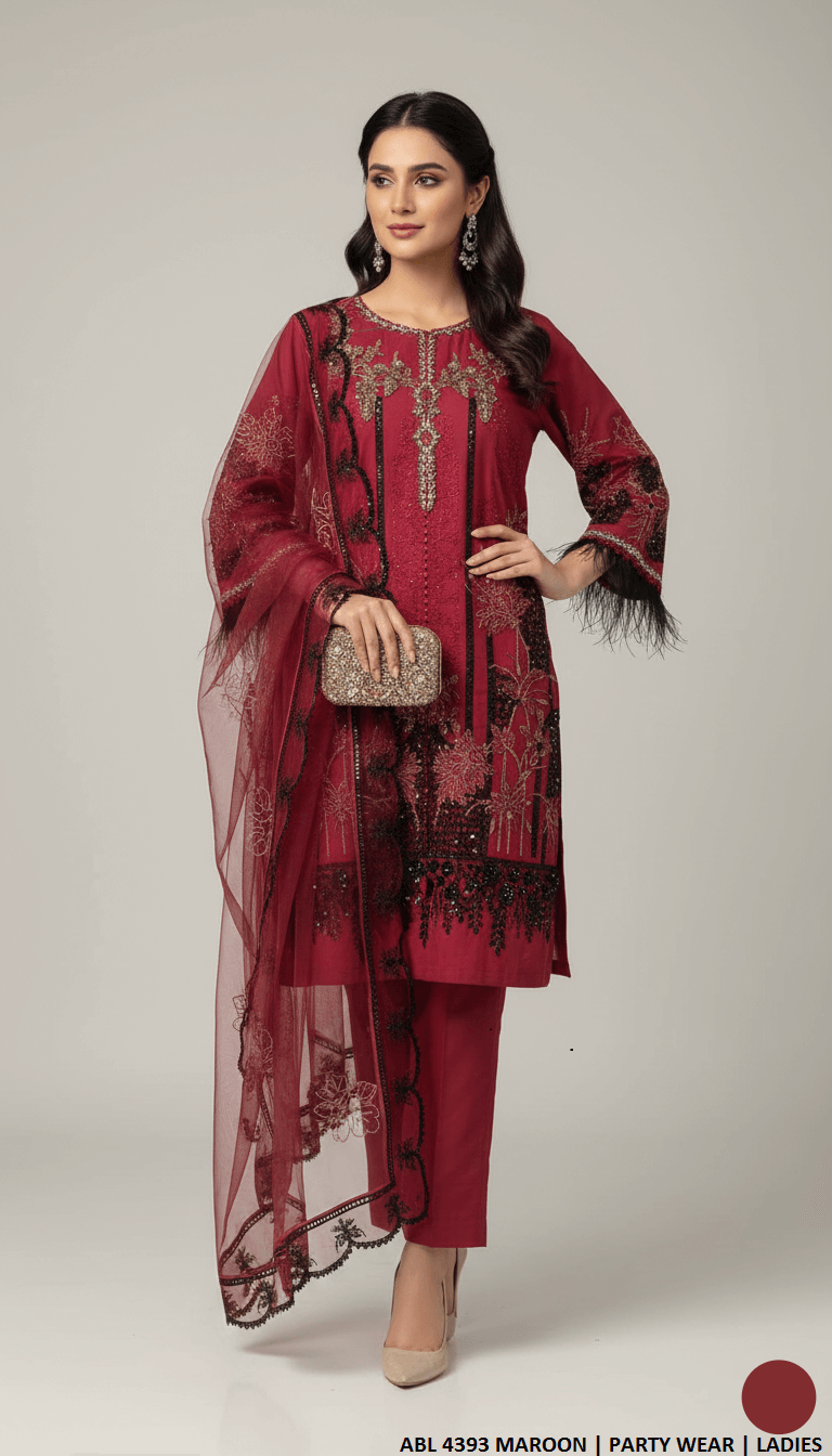 Chiffon straight shirt maroon - Pakistani women's elegant formal wear with viscose trouser and organza dupatta front view