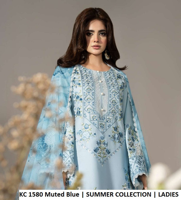 KC AYRA 1580 Muted Blue - Muted Blue Embroidered 3-Piece Women's Pakistani Lawn Suit