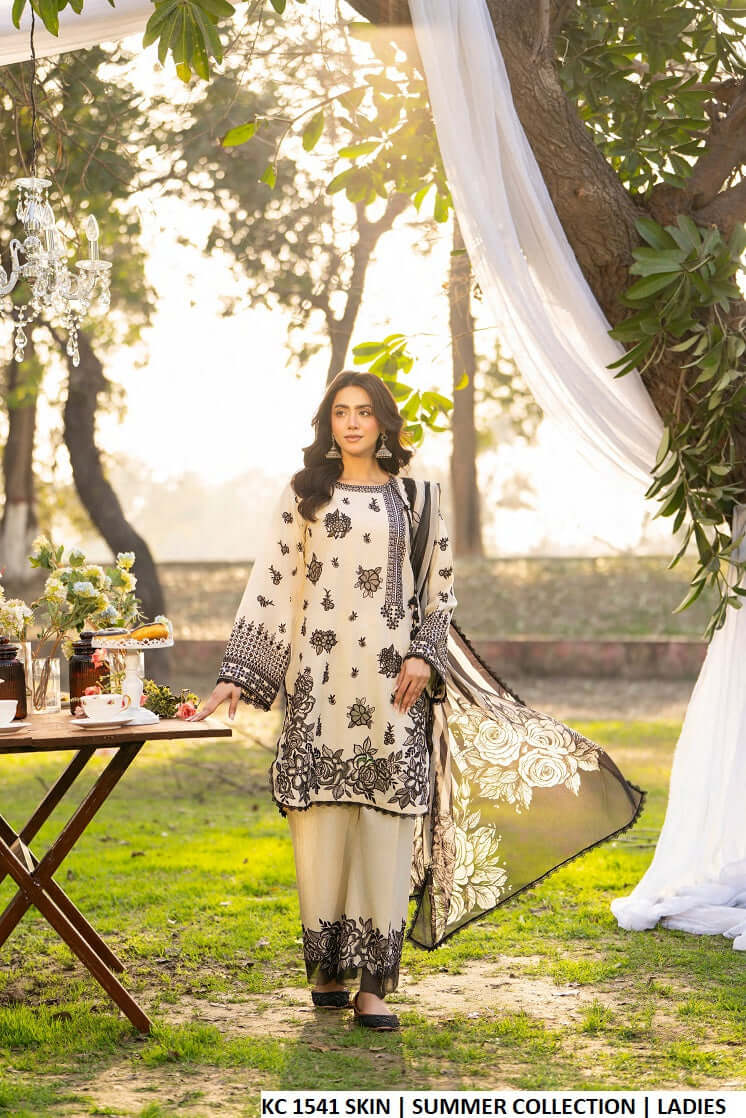 Cotton round shirt 3D floral chikankari skin - Pakistani women's casual outfit with loose trouser and printed chiffon dupatta front view