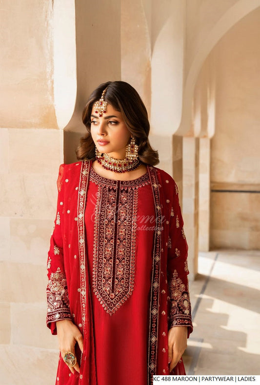 Maroon silk Pakistani women's long kaftan with plazo side view