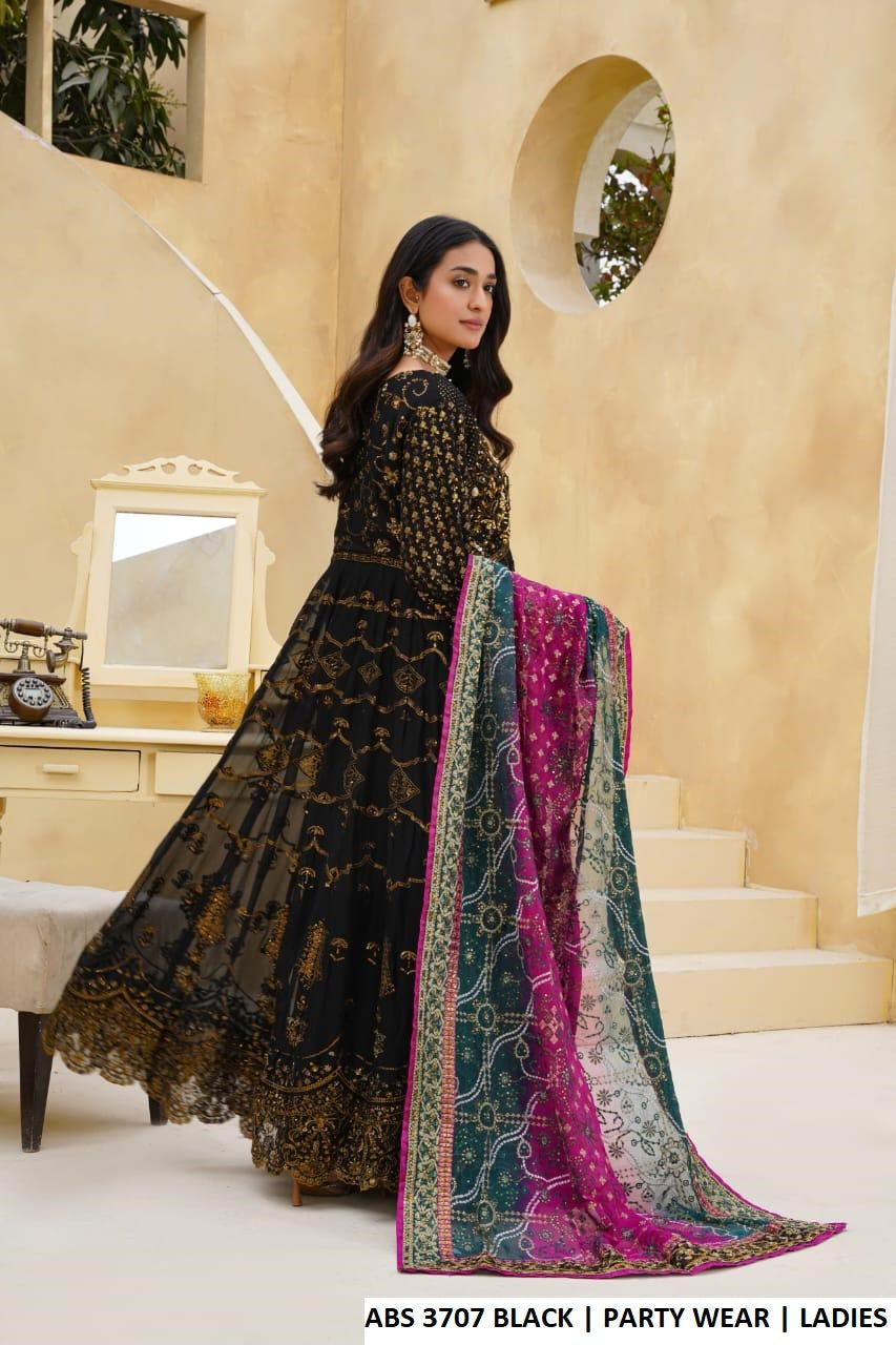 Pakistani women's black chiffon long open frock plazo detail view