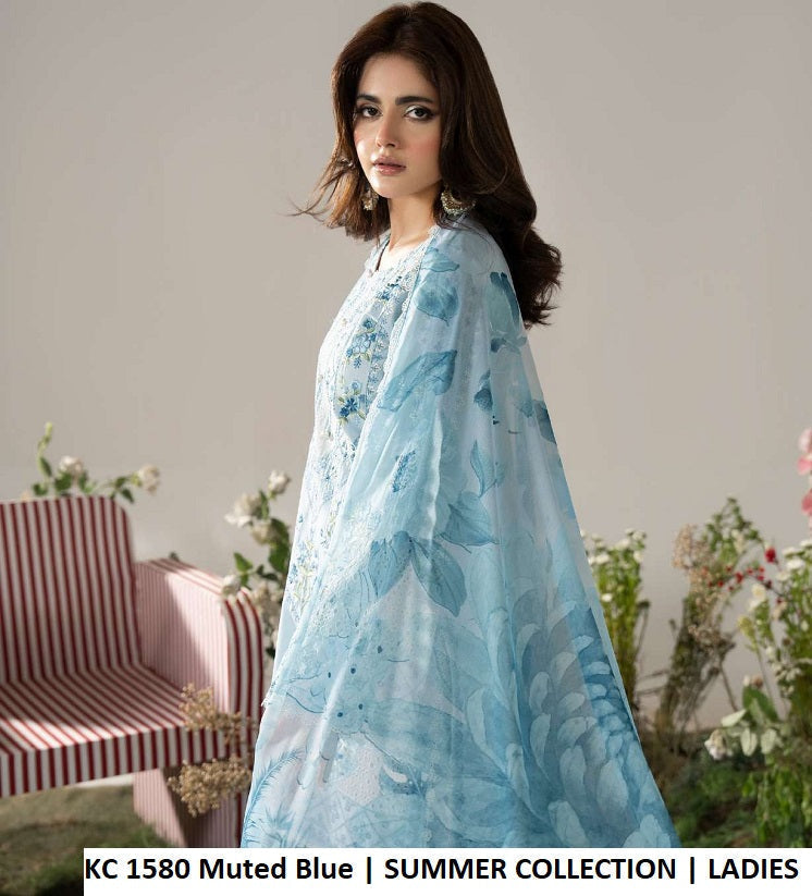 KC AYRA 1580 Muted Blue - Muted Blue Embroidered 3-Piece Women's Pakistani Lawn Suit