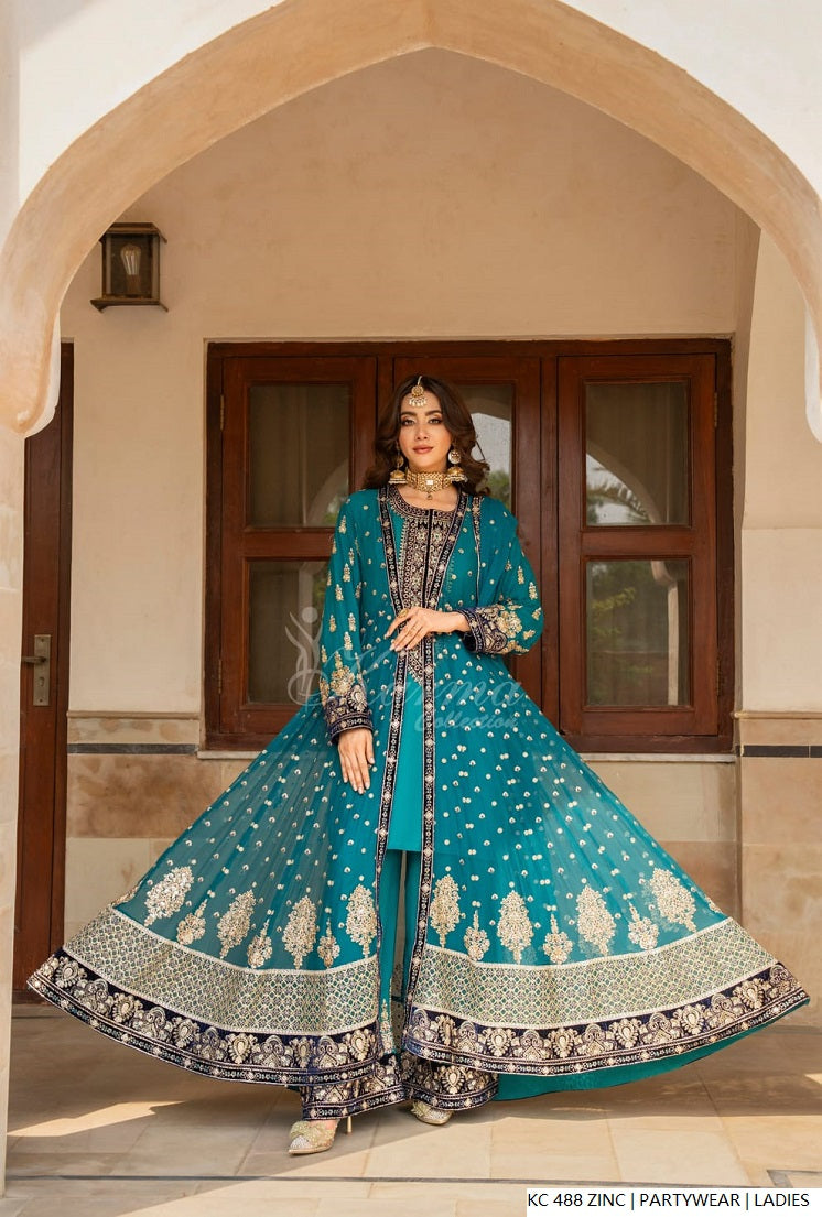Pakistani women's zinc grey silk long kaftan plazo full view