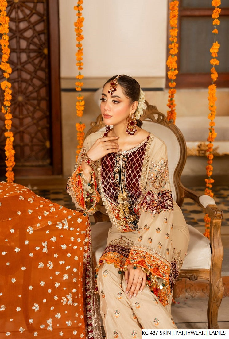 Skin silk Pakistani women's long kaftan with plazo side view