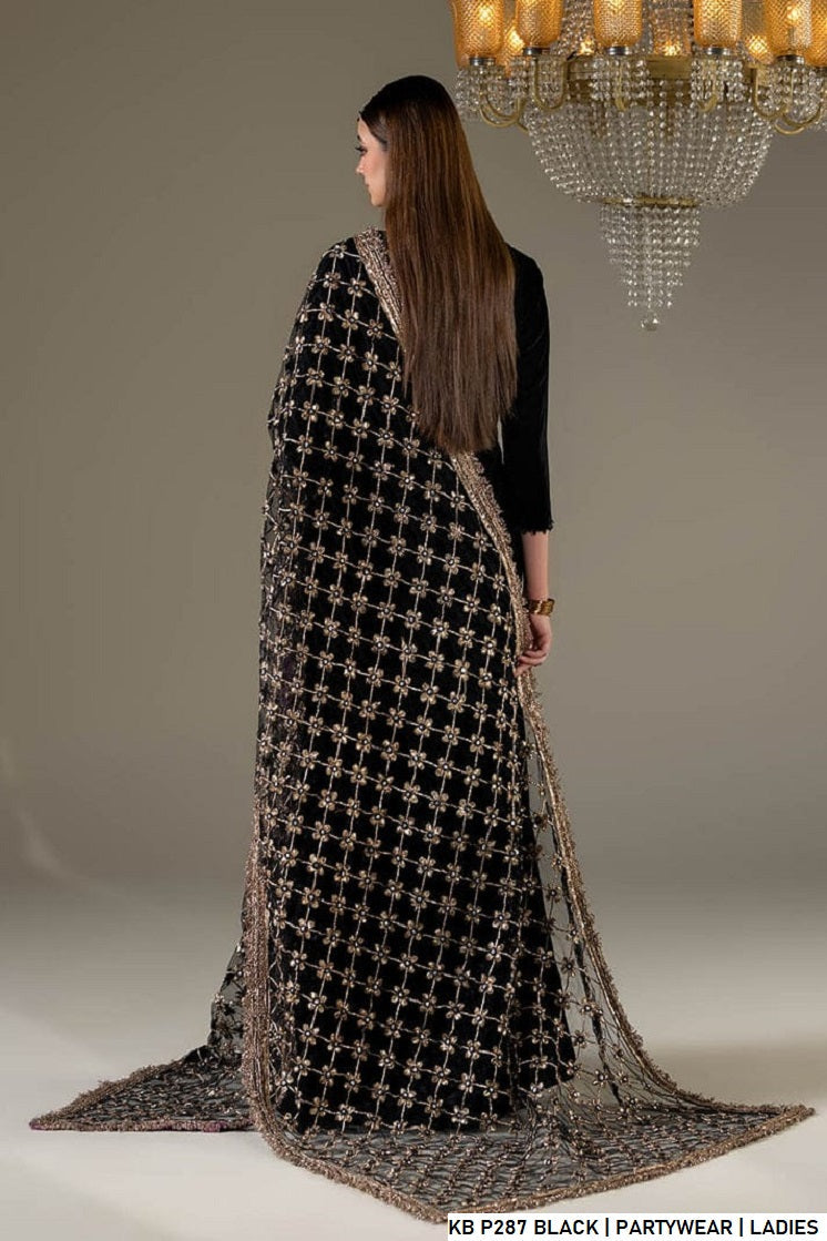 Pakistani women's black velvet embroidered suit detail view