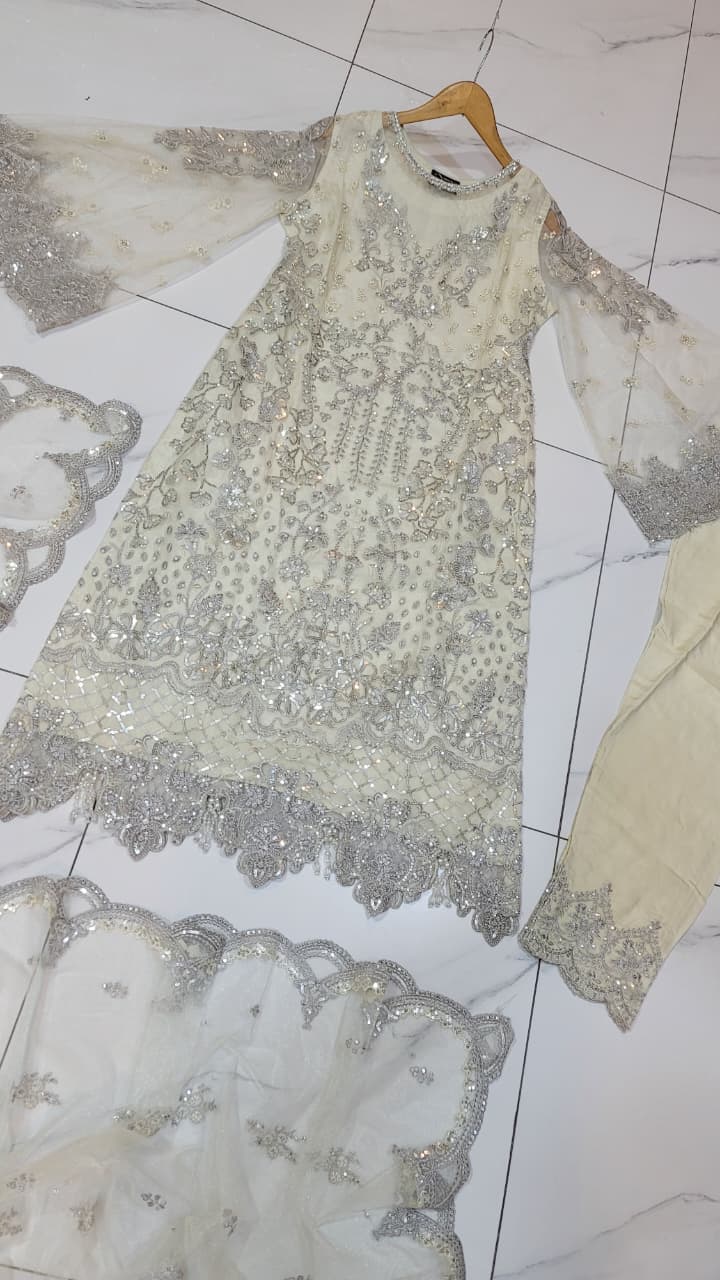 Pakistani women's off white organza A-Line shirt full view