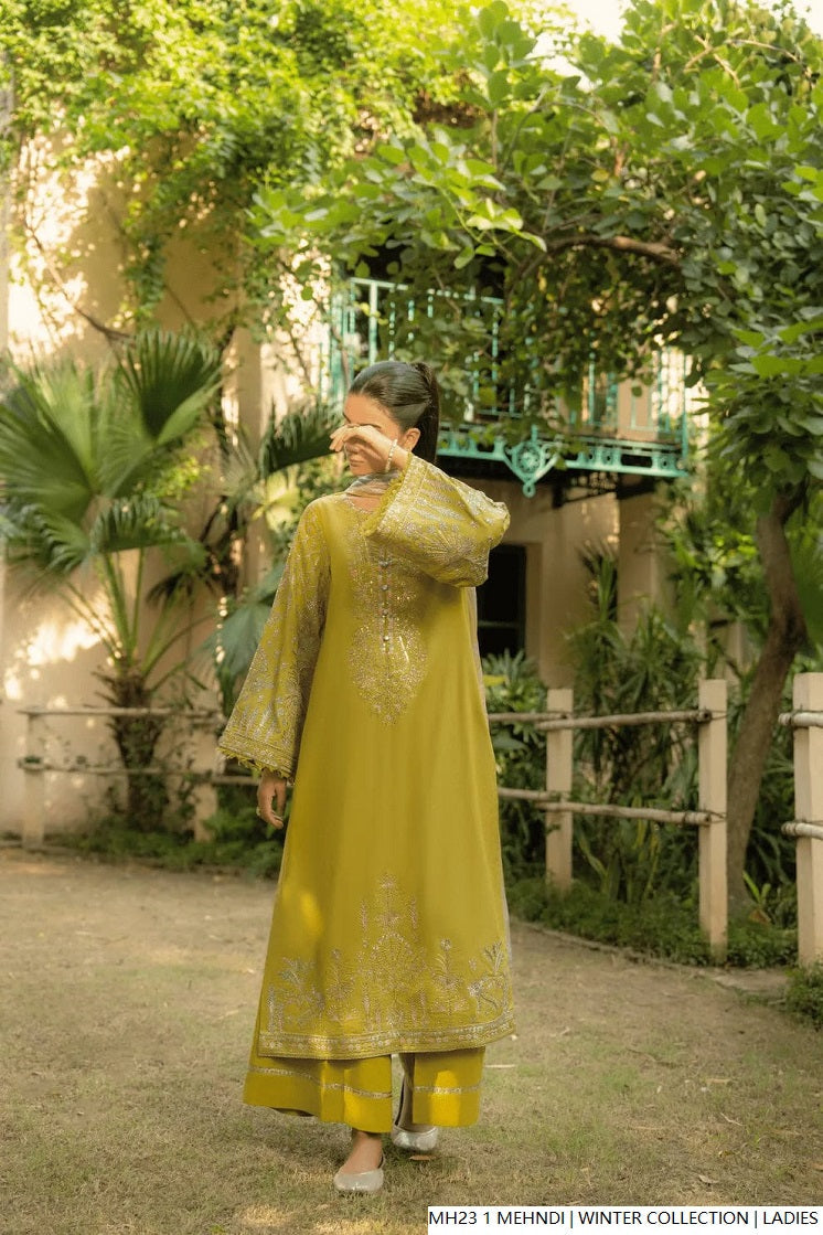 Khaddar straight shirt canary yellow - Pakistani women's winter 3-piece suit with digital print dupatta front view