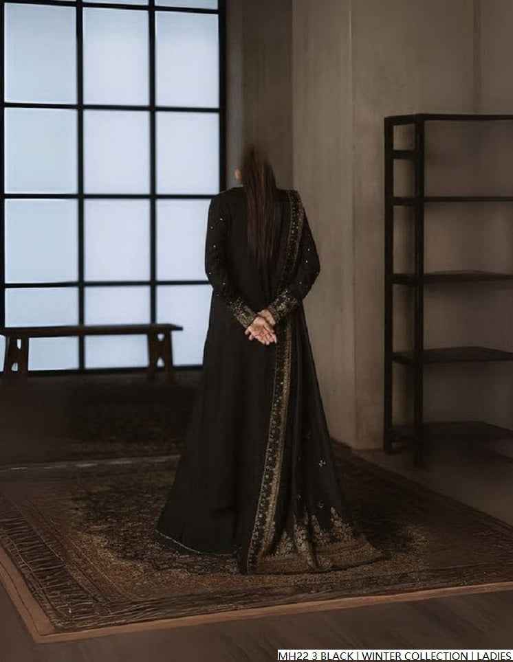 Pakistani women's black khaddar straight shirt detail view