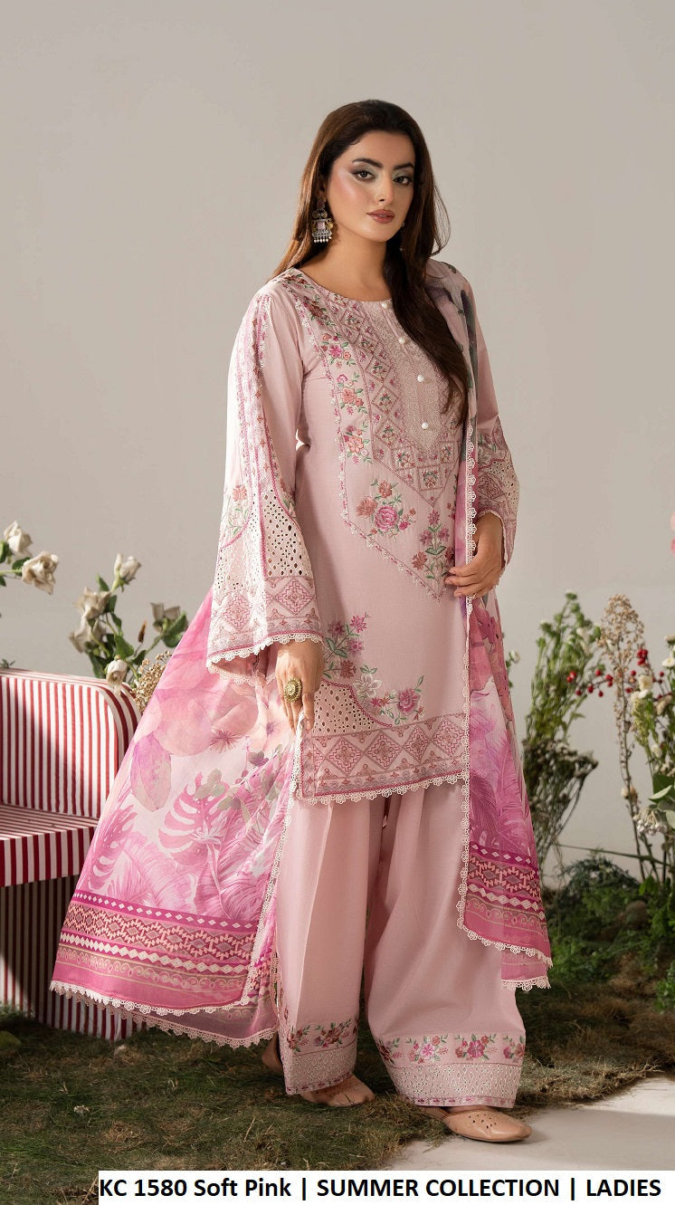 KC AYRA 1580 SOFT PINK - Soft Pink Embroidered Chikankari 3-Piece Women's Pakistani Suit