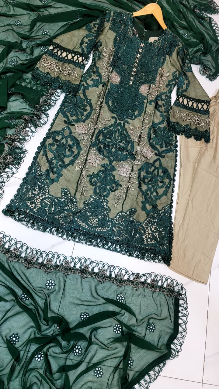 Pakistani women's bottle green organza A-Line shirt back view