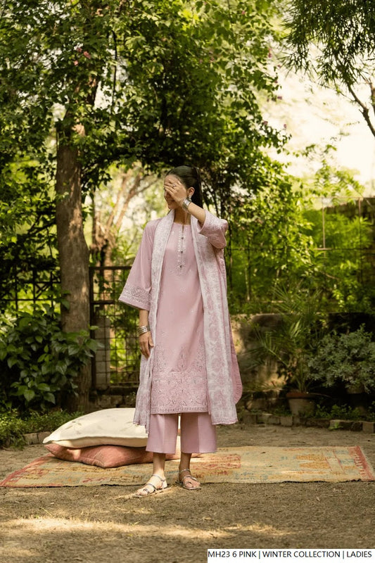 Pink khaddar Pakistani women's straight shirt side view