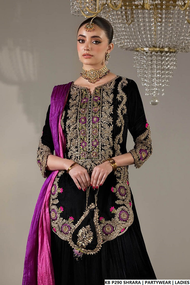 Pakistani women's velvet hand embroidered luxury sharara side view