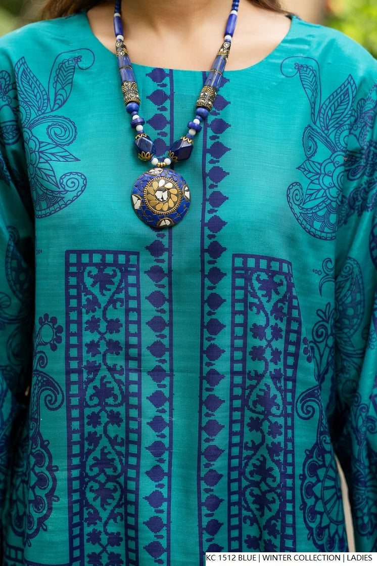 Blue silk Pakistani women's 2-piece formal suit side view