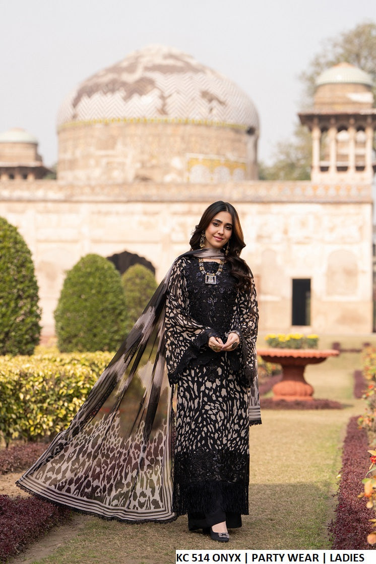 Printed straight shirt plazo onyx black - Pakistani women's 3D floral sequins embroidered festive outfit with lace dupatta front view