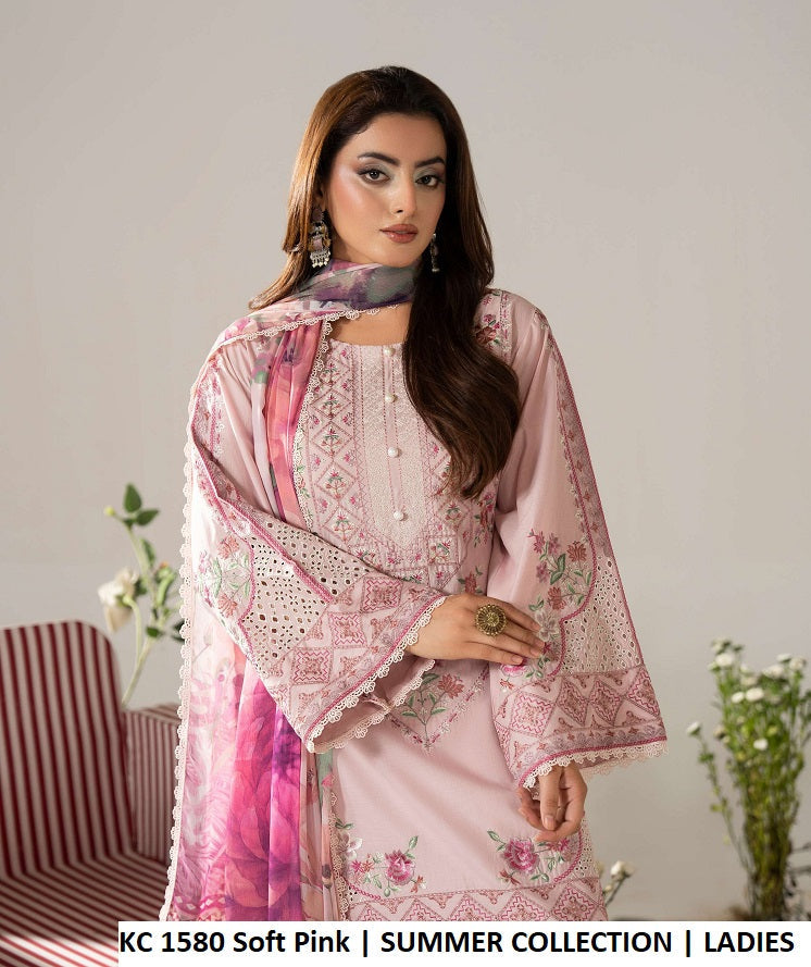 KC AYRA 1580 SOFT PINK - Soft Pink Embroidered Chikankari 3-Piece Women's Pakistani Suit